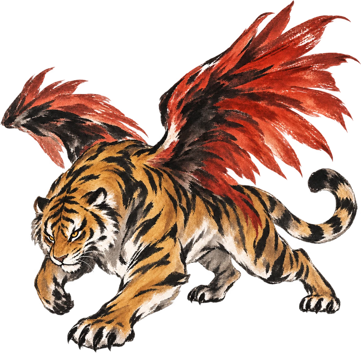 穷奇彩墨立绘:强肩虎身、宽大双翼、伏身扑猎